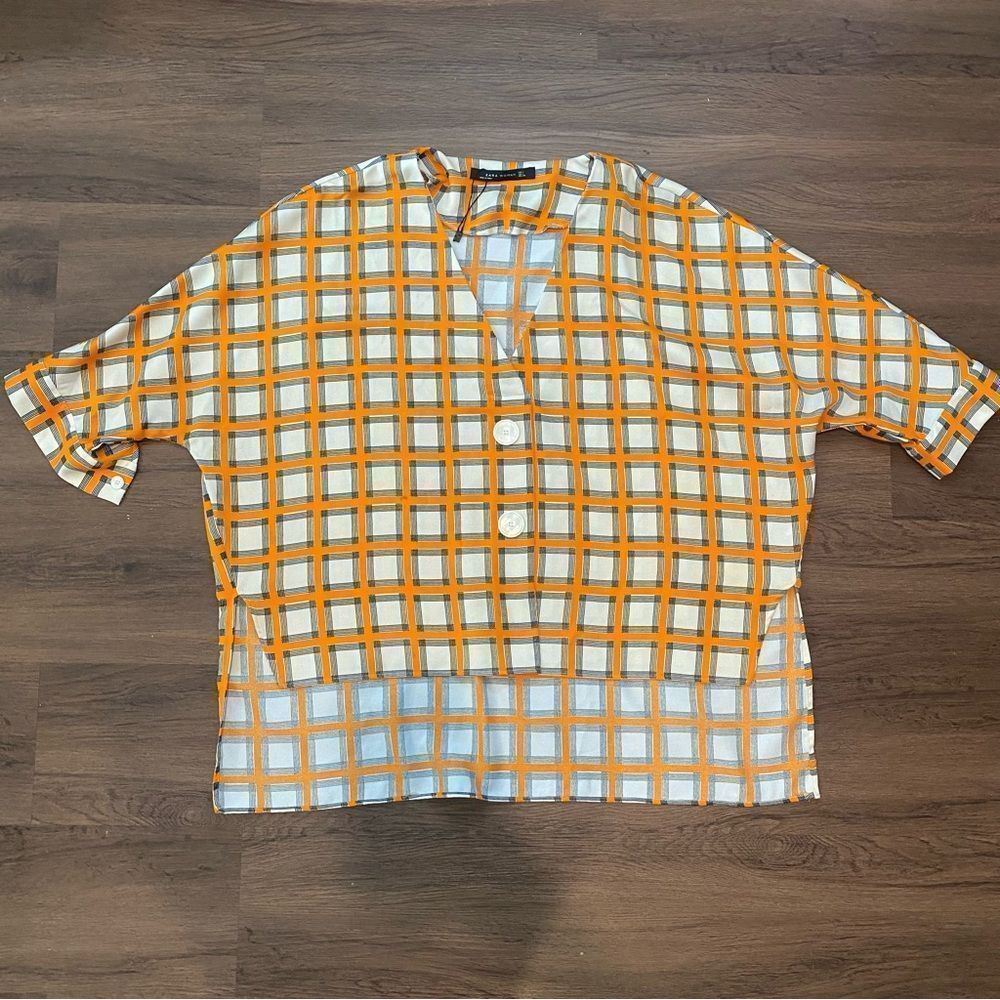 Zara White and Orange Checked Short Sleeve Blouse
